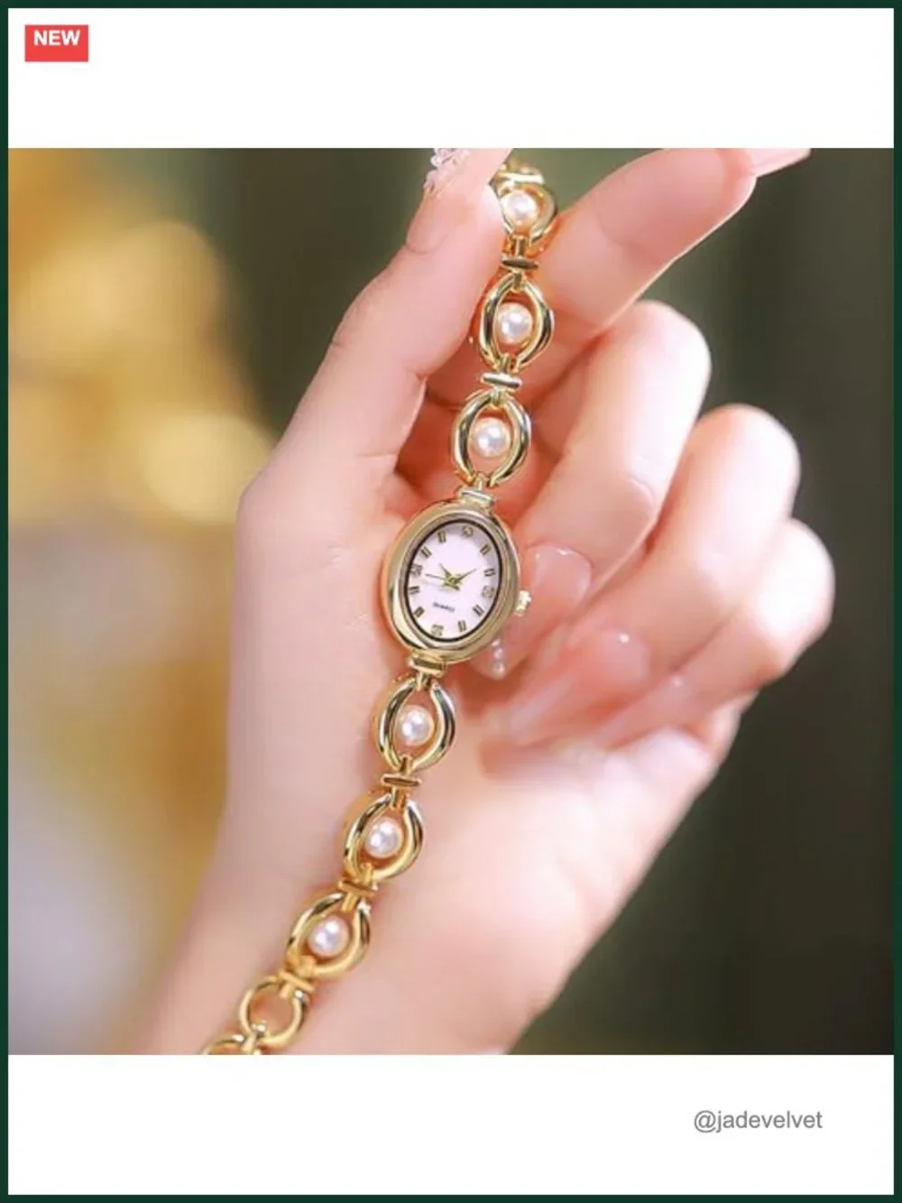 Elegant Pearl Women's Dress Watch, Oval Dial, Quartz Movement, Waterproof, Gold